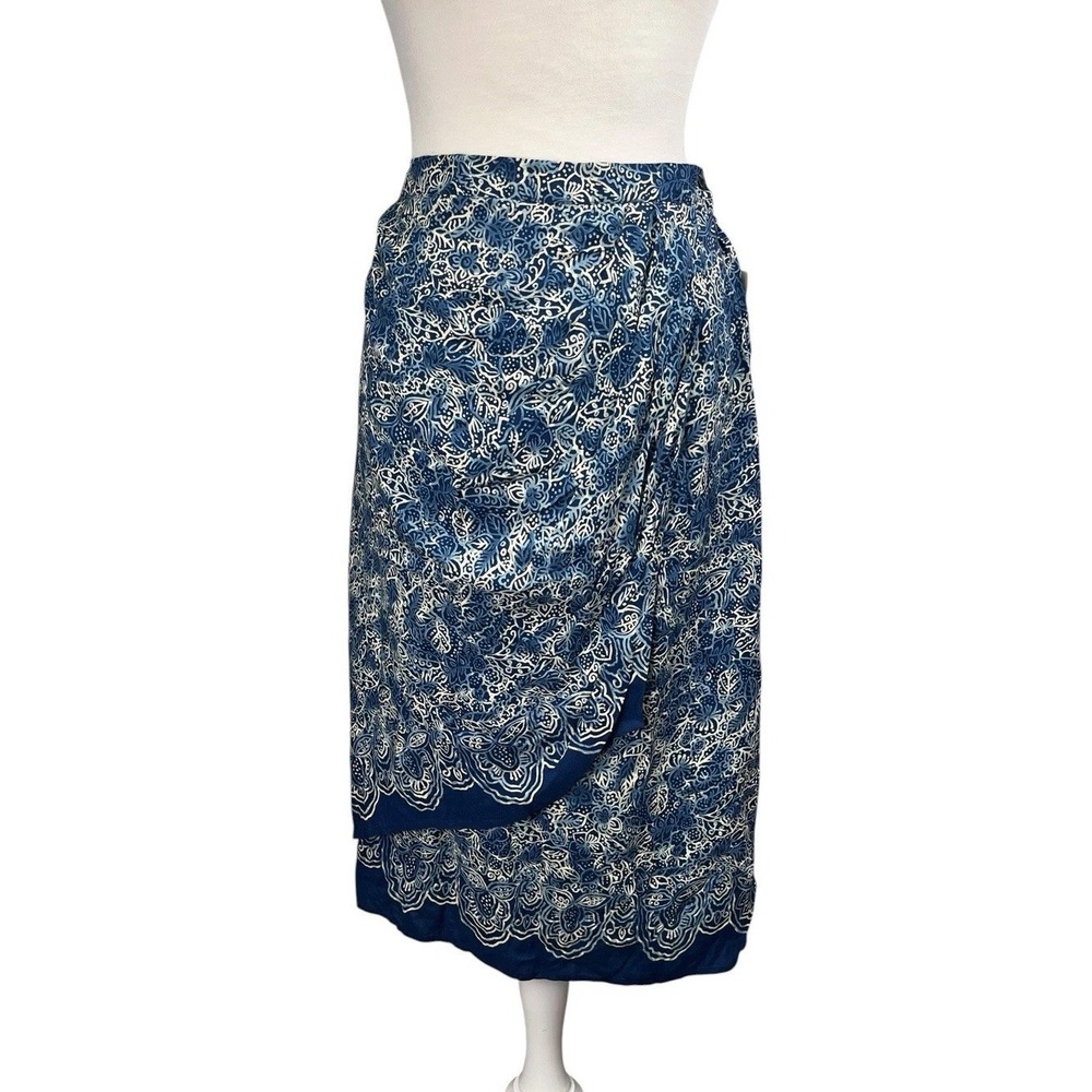 Y2K Faux Wrap Batik Skirt Large Blue Cream NWT Coldwater Creek Midi Floral Boho